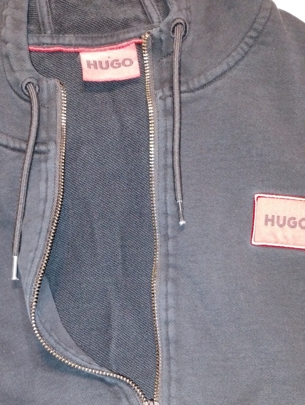 HUGO Men's Black Zip Hoodie with Red HUGO Logo Patch